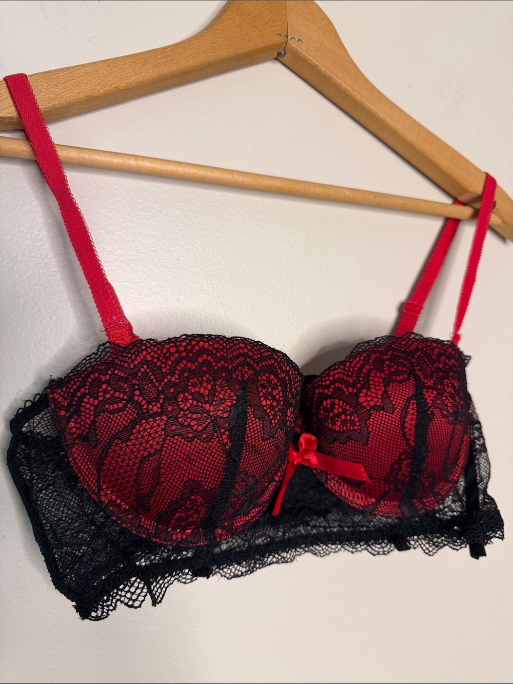Red Lace Balconette Bra with Black Overlay